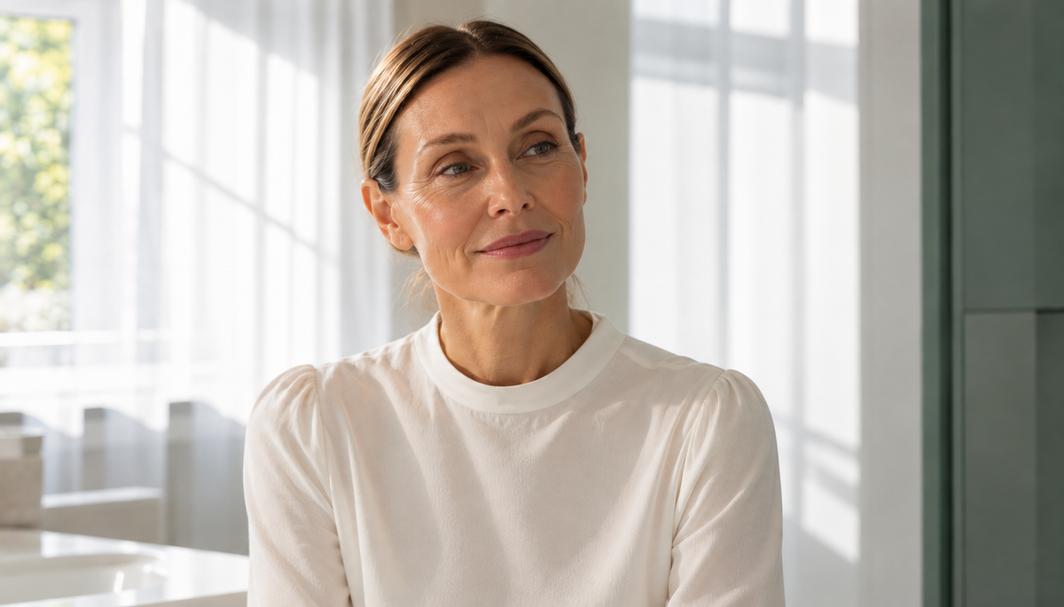 Donna in perimenopausa in un ambiente luminoso: la cura della pelle in menopausa