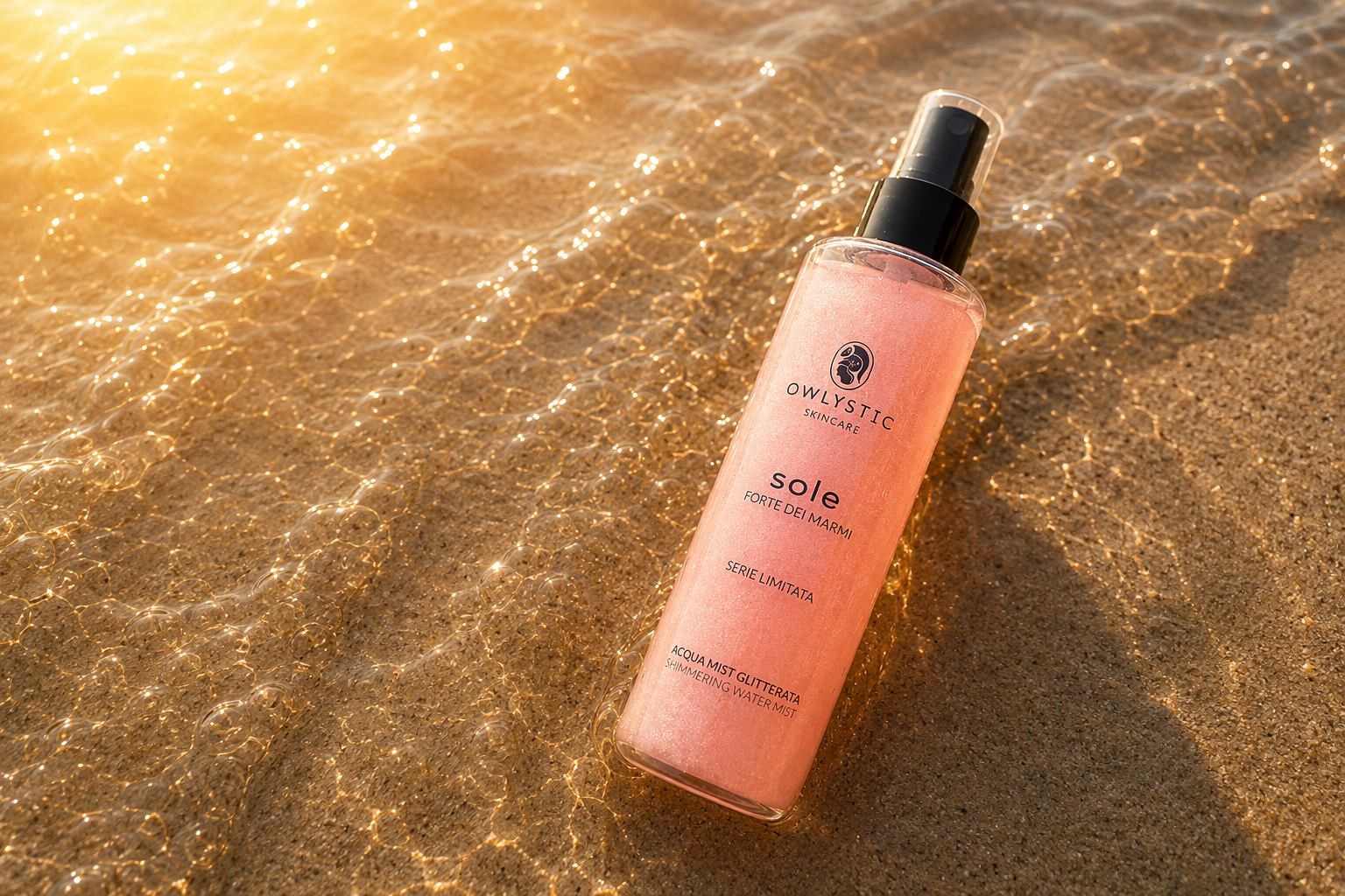 SOLE – Acqua mist corpo e capelli con acido ialuronico, glitterata e idratante – Serie limitata Forte dei Marmi